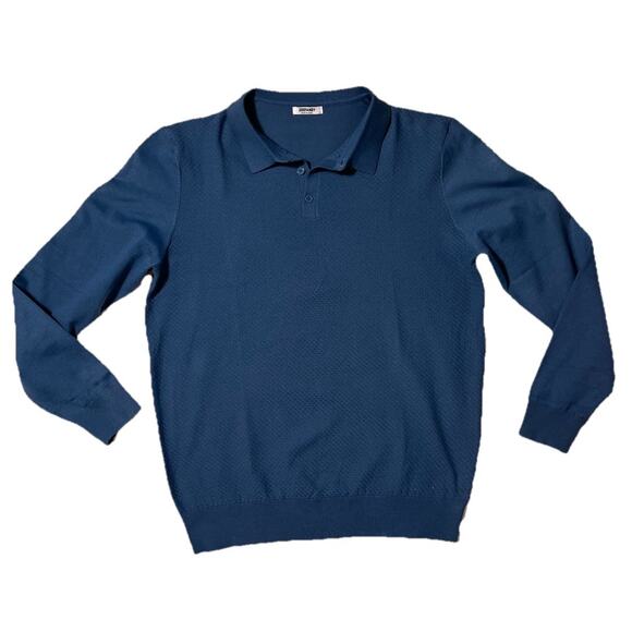 Unbranded Other - Men’s Blue Long Sleeve Collared Knit Polo Sweater Textured Front Size Large